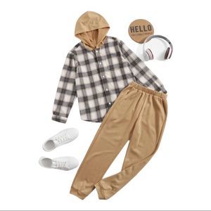 SHEIN Boys Plaid Hooded Shirt And Joggers Set Size 9Y